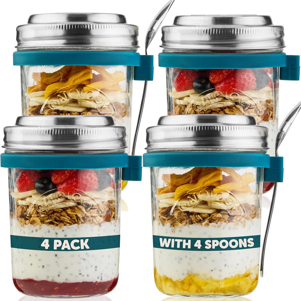 Overnight Oats Containers with Lids & Spoons - Stainless Steel Lid Leakproof