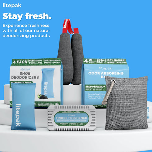 Litepak Fridge Deodorizer & Odor Eliminator, 4 Pack Bamboo Activated Charcoal Bags for Refrigerator