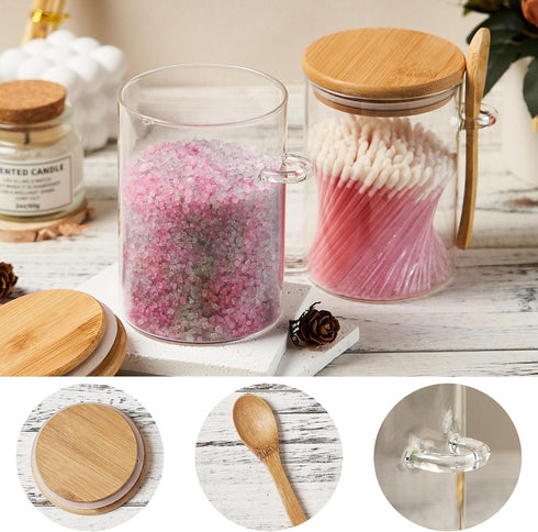 2 Pack 15oz Glass Sugar Container with Spoon - Glass Jars with Bamboo Lid and Spoon, Bamboo Lid Storage Jar Canister