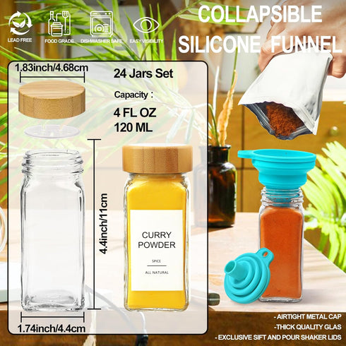 398 24 4oz AISIPRIN Glass Spice Jars with Labels, pcs Spice Containers with Bamboo Lids, Square Spice Bottles