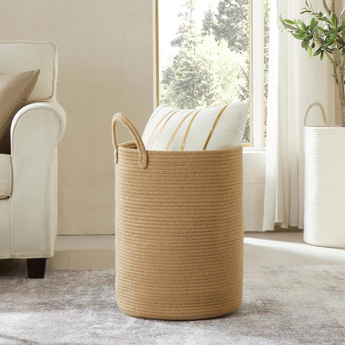 60L 15Dx20H Inches Jute Woven Laundry Hamper Basket Wicker Rope Clothes Hamper Tall Rattan Blanket Basket in Living