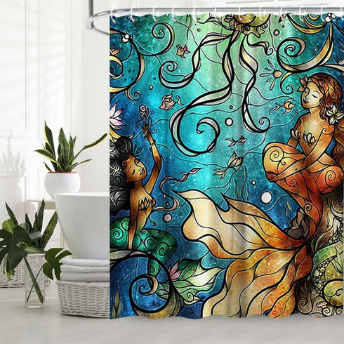 LIVILAN Mermaid Shower Curtain Set - Jellyfish Fabric Bathroom Curtains with Hooks, Washable 72x72 Inches