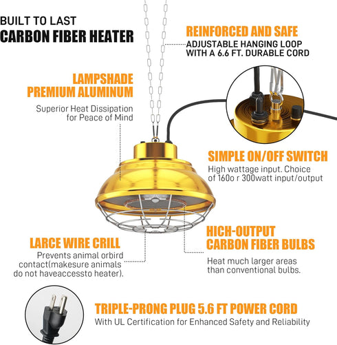 400 Large Heat Lamp for Chickens Coop, Watt Chicken Coop Heater, Two-Stage Temperature Heat Lamp for Chicks, Carbon