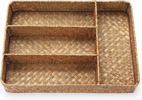 Seagrass Storage Basket with Compartments Utensil Tray for Organization Silverware Flatware Rectangular Shelf Baskets with 4 Sections Natural by DECRAFTS