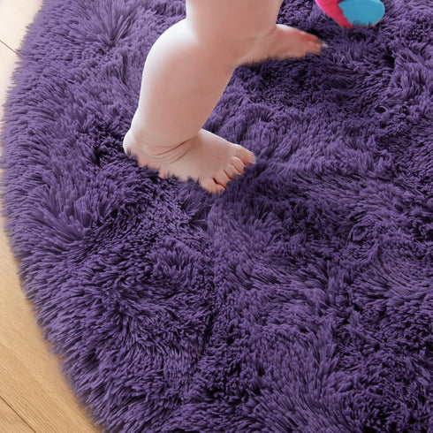 6x6 junovo Round Rug Feet Fluffy Soft Area Rugs for Kids Girls Room Princess Castle Plush Shaggy Carpet Cute Circle
