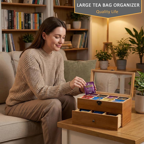 2-layer 14 WELLAND Wood Tea Bag Organizer, Storage Box with Clear Acrylic Window, Compartments Large Capacity Tea Bag