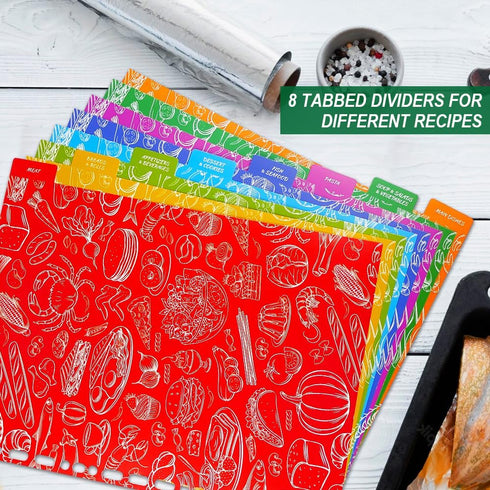 Recipe Binder Kit 9.5 inch x 11 inch with 50 Protectors, 100 Cards & 8 Dividers
