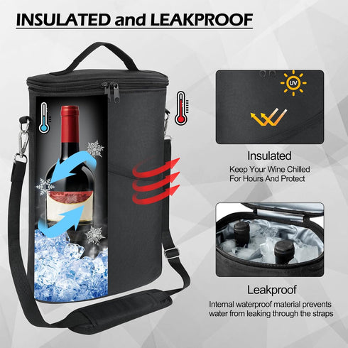 2 Bottle Leakproof Wine Cooler Bag, Insulated Padded Tote Carrier with Handle and Adjustable Strap, Black
