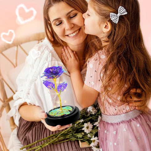 Childom Light Up Rose in Glass Dome, Colorful Purple Flowers for Women, Mom, Grandma, Christmas, Anniversary Gifts