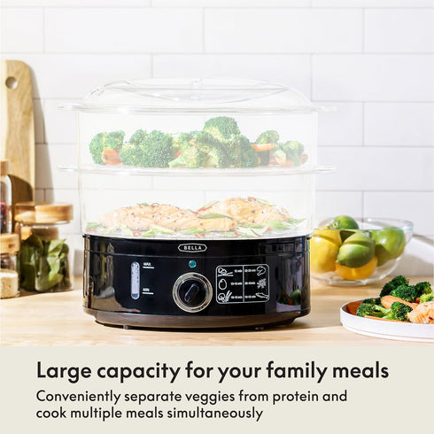 BELLA Two Tier Food Steamer, 7.4 QT, Stainless Steel, Stackable Baskets & Dishwasher Safe Lids