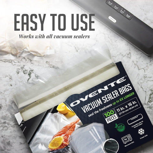 OVENTE Pre-Cut Vacuum Sealer Bags 100 pcs, 11” x 16”, Heavy Duty, BPA-Free for Airtight Food Storage, Meal Prep, Sous
