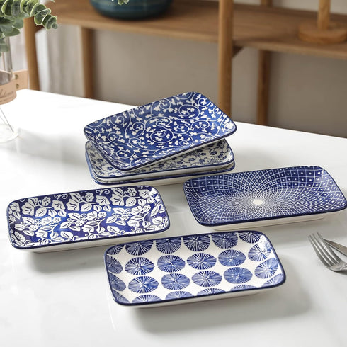 Selamica Ceramic 8 Inch Rectangular Salad Plates, Set of 6, Microwave/Oven/Dishwasher Safe Dinner Plates in Vintage Blue