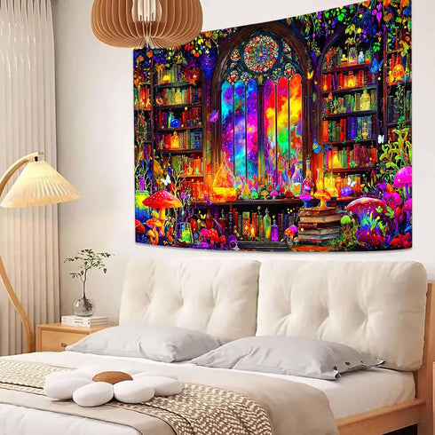 Spenlife 60L 44W Blacklight Fantastic Library Tapestry, UV Reactive Vibrant Bookshelf Wall Tapestries for Room Decor