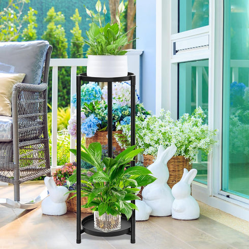 2 Tier Round Tall Metal Plant Stand indoor outdoor, Rustproof Round Planter Display Storage Rack, Heavy Duty Potted