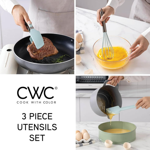 COOK WITH COLOR Silicone Cooking Utensils, 3 Pc Kitchen Utensil Set, Easy to Clean for Nonstick Cookware, Kitchen