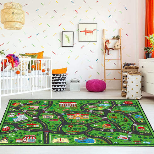 Tinideya Kids Playmat Rug 4x6 ft, Non-Slip Rubber Backing Traffic Road Playmat,