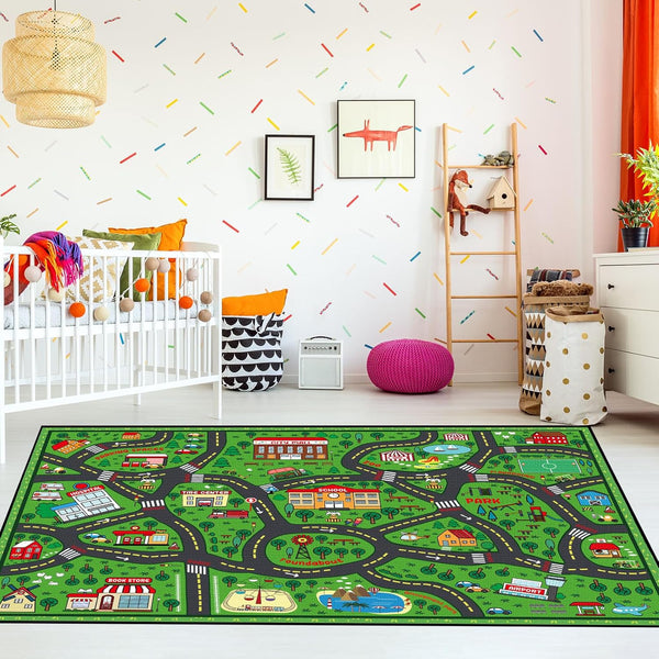 Tinideya Kids Playmat Rug 4x6 ft, Non-Slip Rubber Backing Traffic Road Playmat,