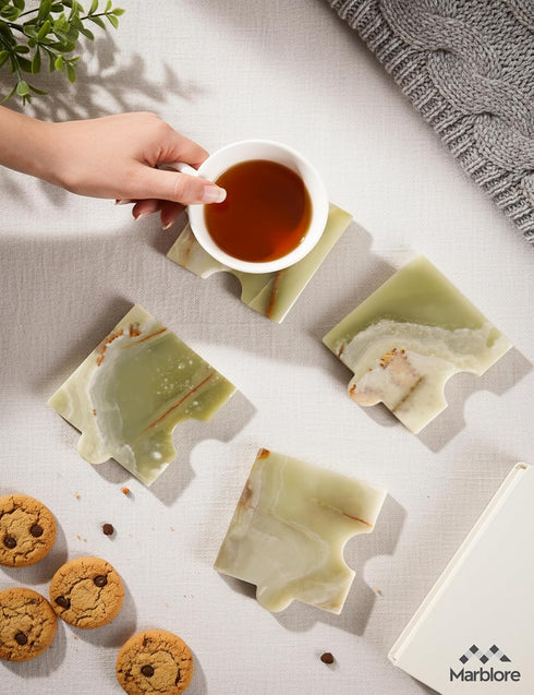 Set 4 4 Inch Handmade Marble Puzzle Coasters of Green Onyx Stone Drink Coasters, Heat Resistant Cup Coasters for Coffee