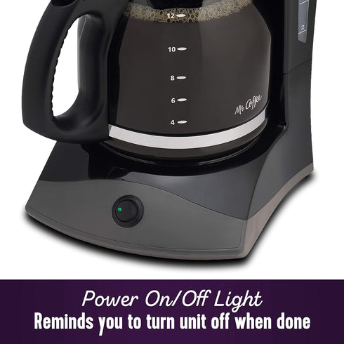 12 Mr. Coffee Black Coffee Maker, Cups, with Auto Pause and Glass Carafe, Perfect for Home and Office Use