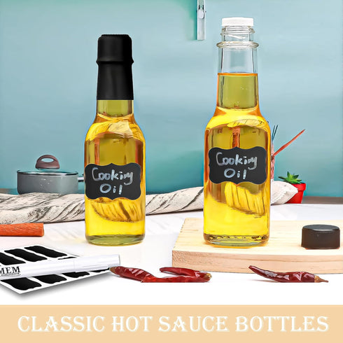 MEM WORLDSHOP (woozy) 8.5 oz (6 Pack) Clear Glass Hot Sauce Bottle with Black Cap and Orifice Reducer - - Empty Wine