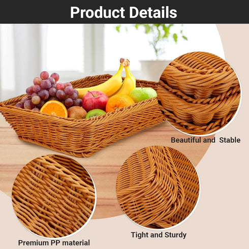 3 Pack EUSOAR Poly Wicker Bread Basket, Natural Brown Woven Decorative Bread Basket, Loaf Bread Vegetables Fruit Snack