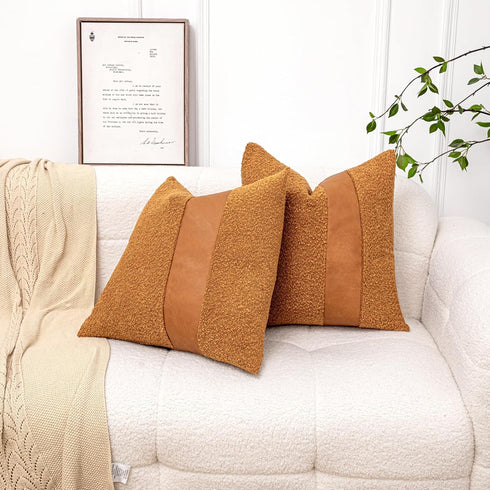 Pack 2 18 18 Inch of Orange Brown Boucle Decorative Pillow Cover with Faux Leather Modern Accent Pillow Case x Textured