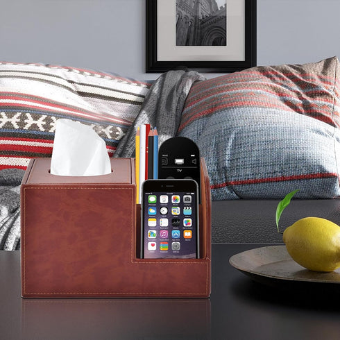 PU Leather Square Tissue Box Cover, Multifunctional Holder for Tissue and Remote Control, Decorative Desk Organizer,