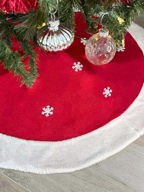 White Snowflakes Christmas Tree Skirt - Large 48" Diameter, Red Felt Center, Faux Fur Trim, Bright Red Decoration