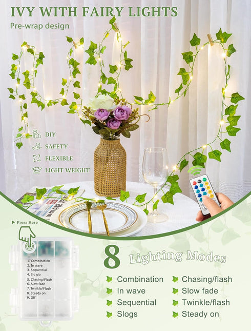 Lights,13ft Remote,40 Vines with Fairy Ivy Garland String lights with LED Fake Leaf lights USB/Battery Operate