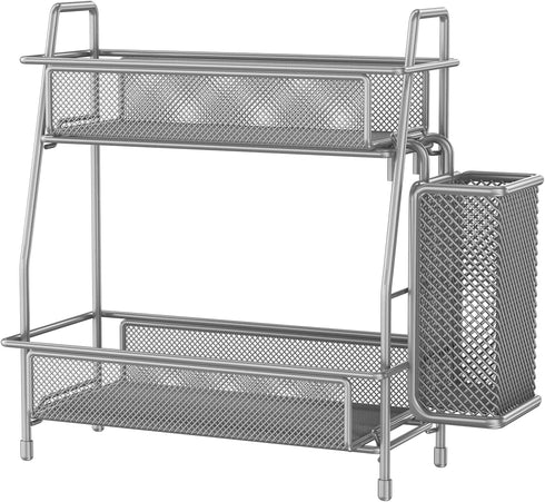 LEMIKKLE Spice Rack Organizer for Kitchen Counter, Metal Storage for Spices and Seasonings with Side Basket (Grey)