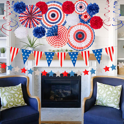 29PCS 4th of July Patriotic Decorations Set, Red White Blue Paper Fans, USA Flag Pennant, Star Streamer, Pom Poms,