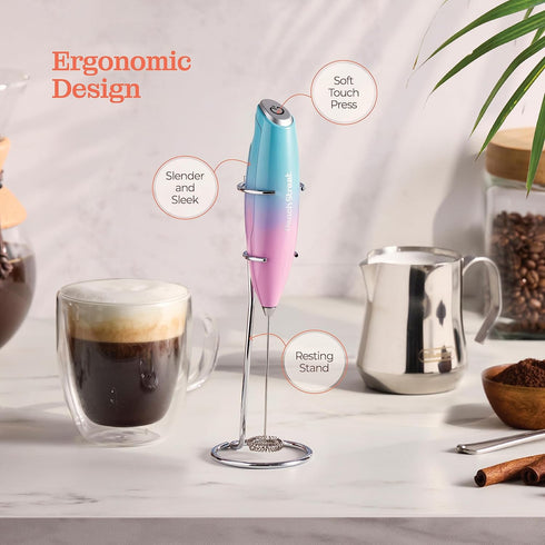 Powerful Handheld Milk Frother - Mini Milk Foamer, Battery Operated Stainless Steel Mixer with Frother Stand