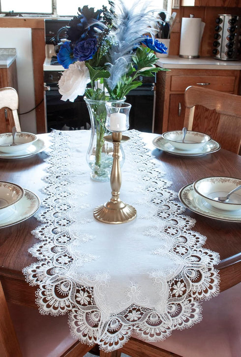 White Jacquard Peacock Tail European Lace Table Runner, Dresser Scarf, Wedding Décor