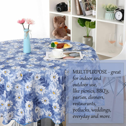 uxcell Waterproof Vinyl Round Tablecloth 60" Dia, Blue Flower Pattern for Wedding/Restaurant/Parties