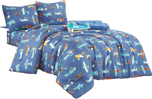 Set Blue Airplanes print Comforter for Boys Girls teen. Twin size Bedding for kids room. Include Twin comforter fitted