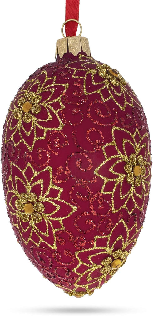 Golden Flower on Red Glass Egg Ornament, 4 Inches