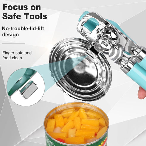 Manual Can Opener: Heavy Duty Stainless Steel Safe Cut with Magnetic Lifter, Smooth Edge, Easy Big Turn Knob, Aqua Sky
