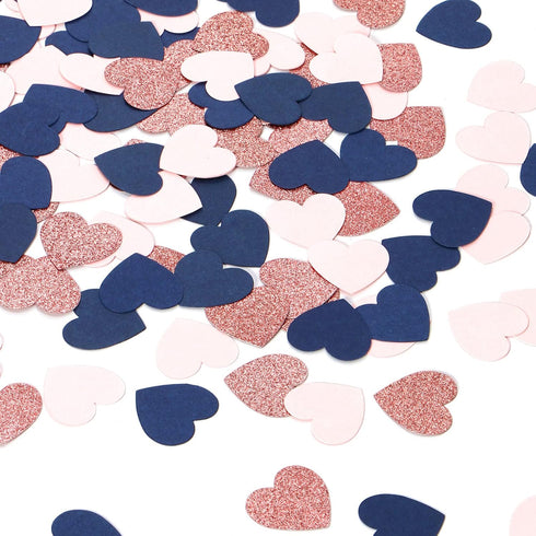 Navy-Blue Pink Rose-Gold Heart Confetti - 300pcs Glitter Paper Dots for Gender Reveal, Weddings, Birthdays, Party