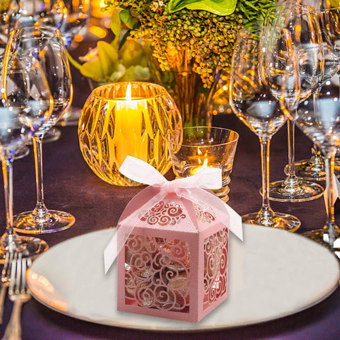 KPOSIYA 100 Pack Wedding Favor Boxes | Laser Cut Small Gift Boxes for Wedding, Baby Shower, Birthday Party (Pink)