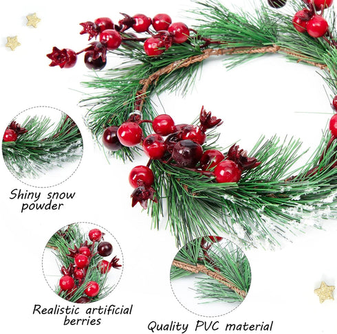 4.3 Inches 4 Christmas Candle Rings- Candle Wreaths Candle Garland with Artificial Red Berries- Xmas Wreath Candle
