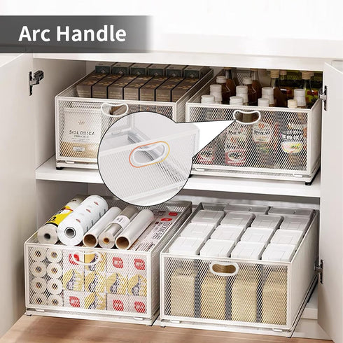 Sliding Cabinet Basket Organizer Drawer, Heavy Duty Carbon Steel Slide Out Pantry Shelves with Handle for Kitchen