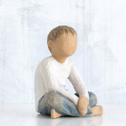 Willow Tree Imaginative Child, Nurtured by Your Loving Care, Seated Boy Figure in Blue Jeans