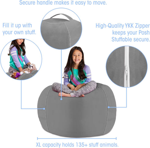 Posh Stuffable Kids Stuffed Animal Storage Bean Bag Chair Cover, X-Large 48", Solid Gray