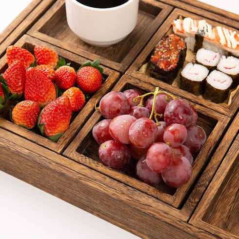 Set 7 Yangbaga Rustic Wooden Serving Trays with Handle - of Rectangular Platters for Entertaining, Breakfast, Coffee