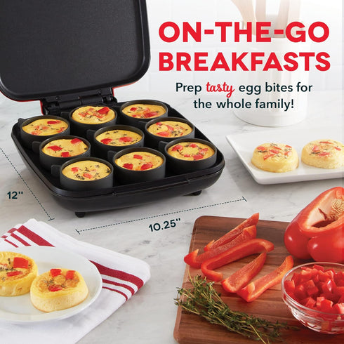 Dash Sous Vide Style Egg Bite Maker - Family Size for Breakfast Bites, 9 Servings, Keto & Paleo Friendly (Red)