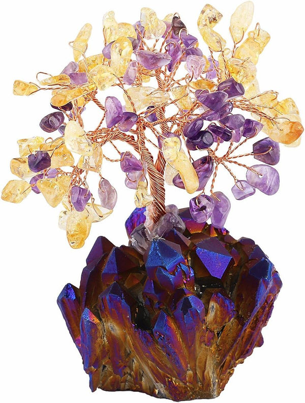 mookaitedecor Citrine & Amethyst Crystal Tree, Quartz Cluster Purple Titanium Crystals Base