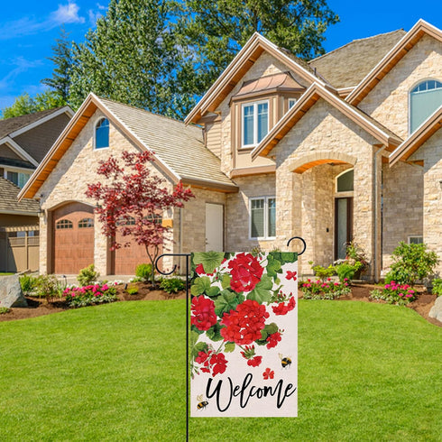 Welcome Spring Geranium Decorative Garden Flag, Red Floral Flowers Bee Yard Outside Decorations, 12 x 18