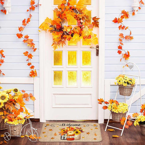 Winter Fall Door Mat | Non Slip Farmhouse Welcome Mats for Outdoor Indoor, Snowflake Pumpkin Floor Door Mat, 27.6x15.7