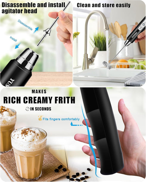 YUSWKO Rechargeable Handheld Milk Frother, Electric Whisk Drink Mixer for Coffee, 3 Speed Adjustable, Black