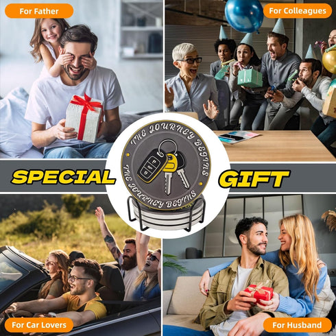 EPWQLC Set 4 4 Inches Car Guy Ceramic Coasters of with Holder Absorbent Drink Coasters Home Table Coffee Kitchen Bar